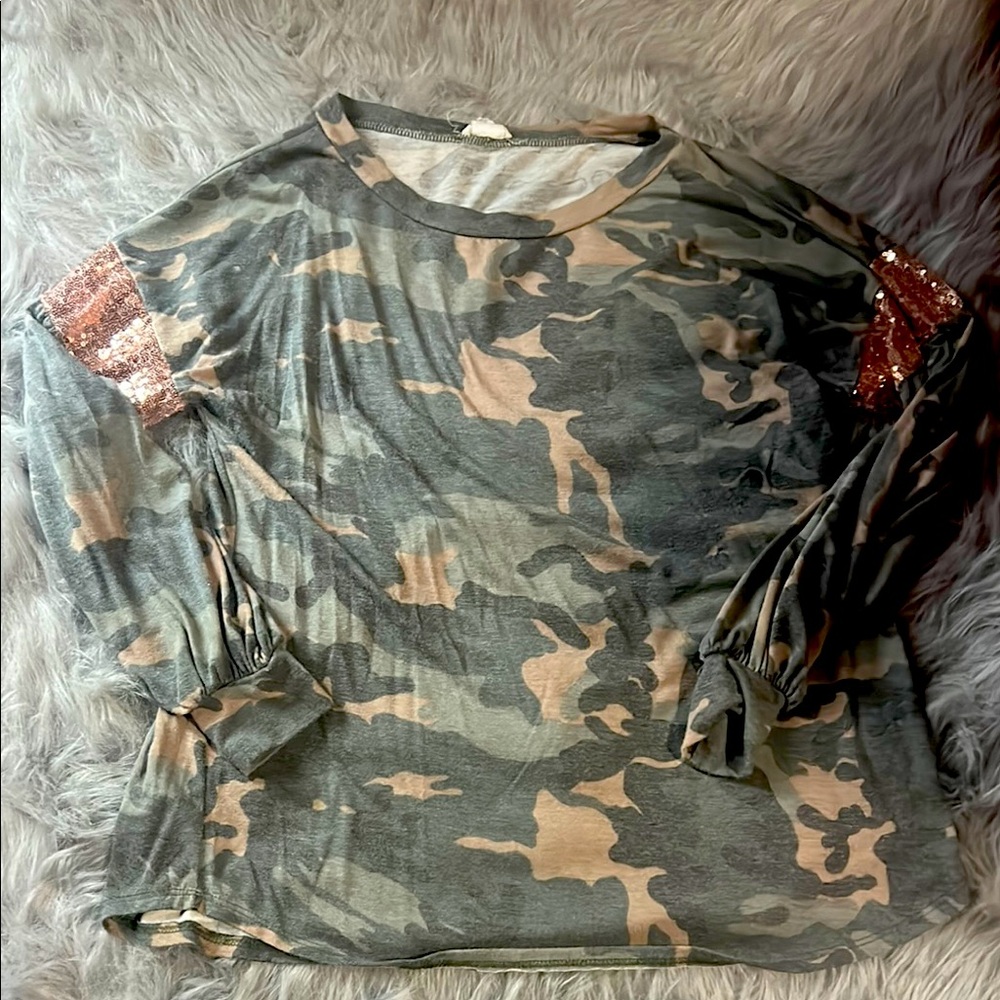 Camouflage Long Sleeve Top with Sequin Accents